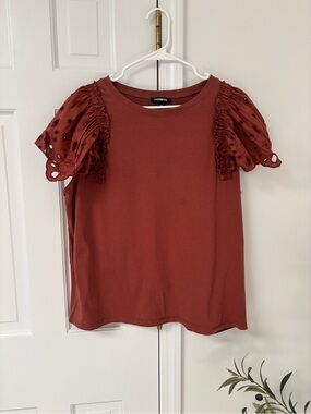 Express Women's Rust Red Eyelet Puff Sleeve Top